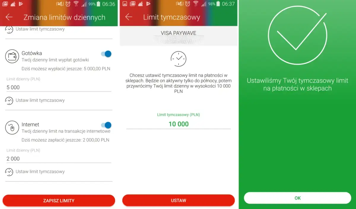 Jak zmienić limit w mBank aplikacji? Widok ustawiania tymczasowego limitu płatności w sklepie na 10 000 PLN.