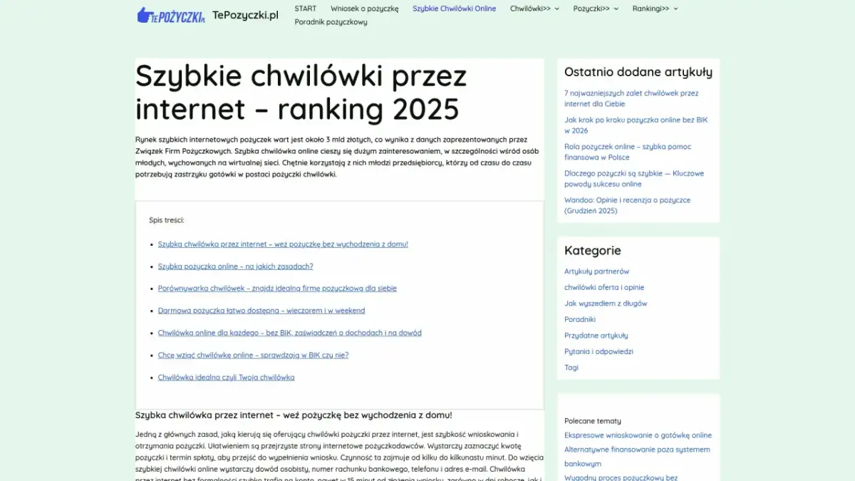 Grafika przedstawia fragment strony internetowej z nagłówkiem "Szybkie chwilówki przez internet - ranking 2025".