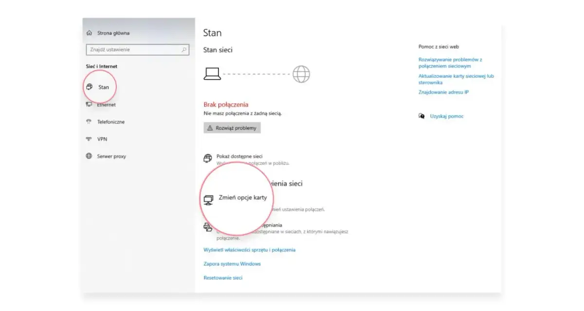 Ekran ustawień sieciowych Windows. Kliknij "Stan", aby sprawdzić połączenie, a następnie "Zmień opcje karty", aby dowiedzieć się, jak zresetować kartę sieciową.