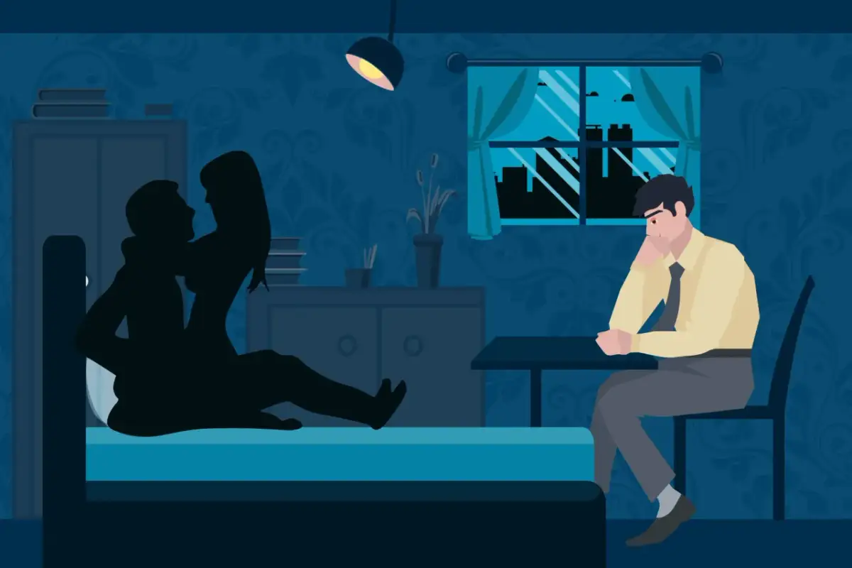 Mroczna sypialnia, para w łóżku, smutny mężczyzna siedzi przy stole. Ilustracja pokazuje sytuację, która może być związana z pojęciem cuckold co to.