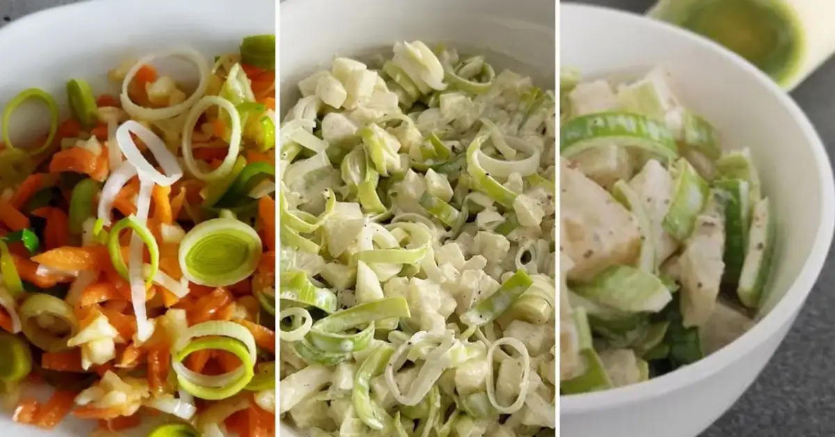 Trzy wersje sałatki z pora: z marchewką, ziemniakami i kremowym dressingiem. Idealne na szybki obiad, jak zrobić sałatkę z porów.