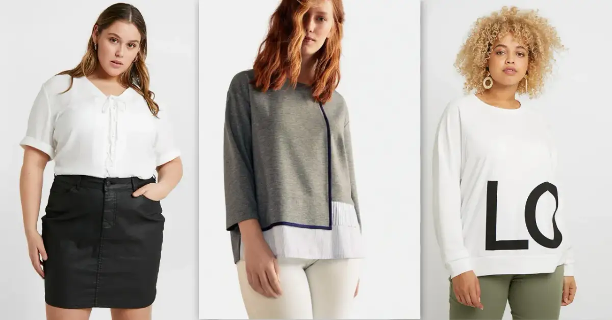 Trzy kobiety prezentują stylizacje, które pomagają ukryć brzuch: luźna biała bluzka, szara tunika z asymetrycznym dołem i biała bluza z napisem.