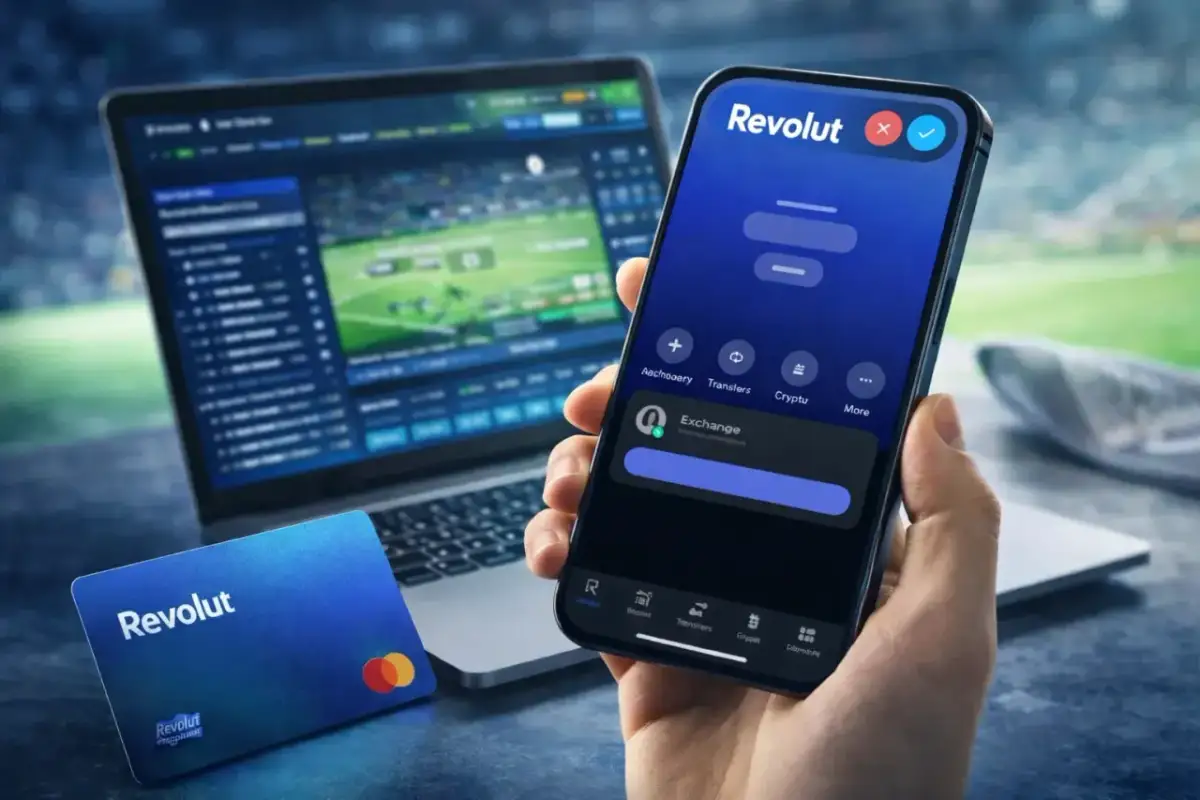Telefon z aplikacją Revolut w dłoni, obok karta Revolut i laptop z ekranem gry. Dowiedz się, jak płacić telefonem Revolut.