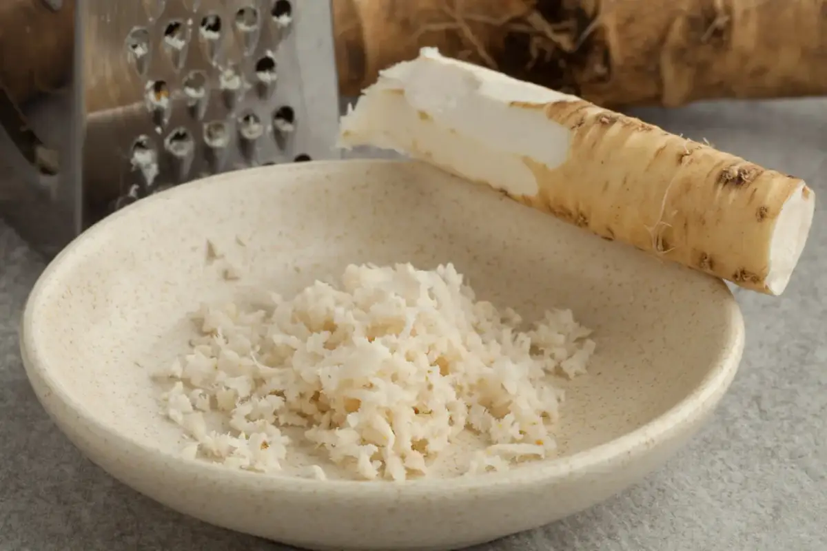 Start your culinary adventure: jak zrobić chrzan. Świeży korzeń chrzanu, tarka i miseczka z tartym chrzanem.