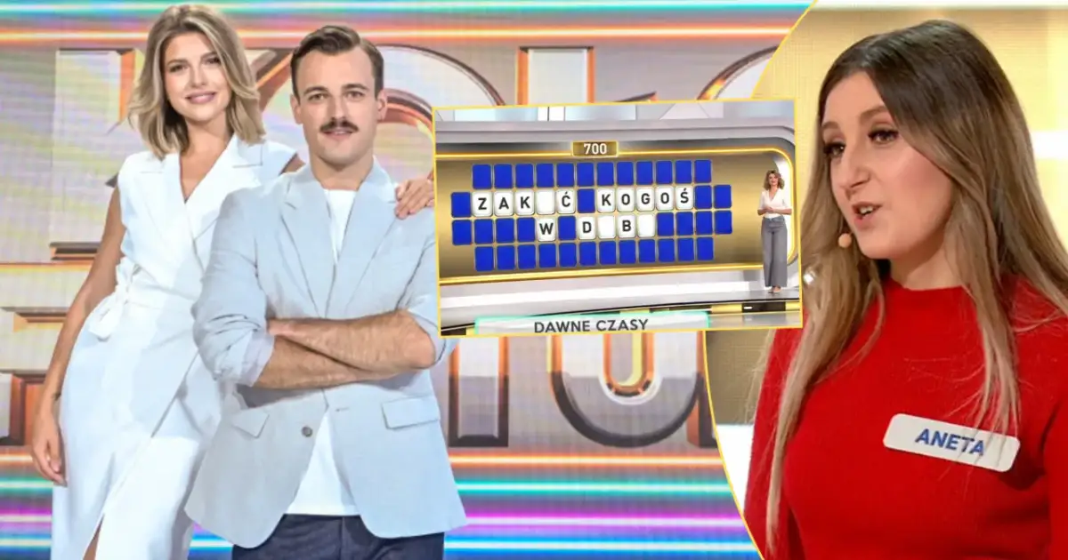 Koło fortuny w studio telewizyjnym, gdzie Aneta próbuje odgadnąć hasło "ZAKŁÓĆ KOGOŚ".