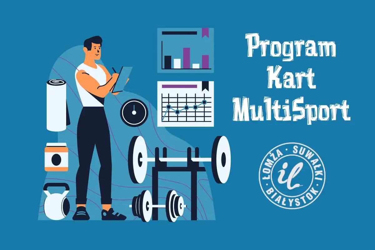 Ilustracja mężczyzny z tabletem, sprzętem do ćwiczeń i wykresami, z napisem "Program Kart MultiSport".