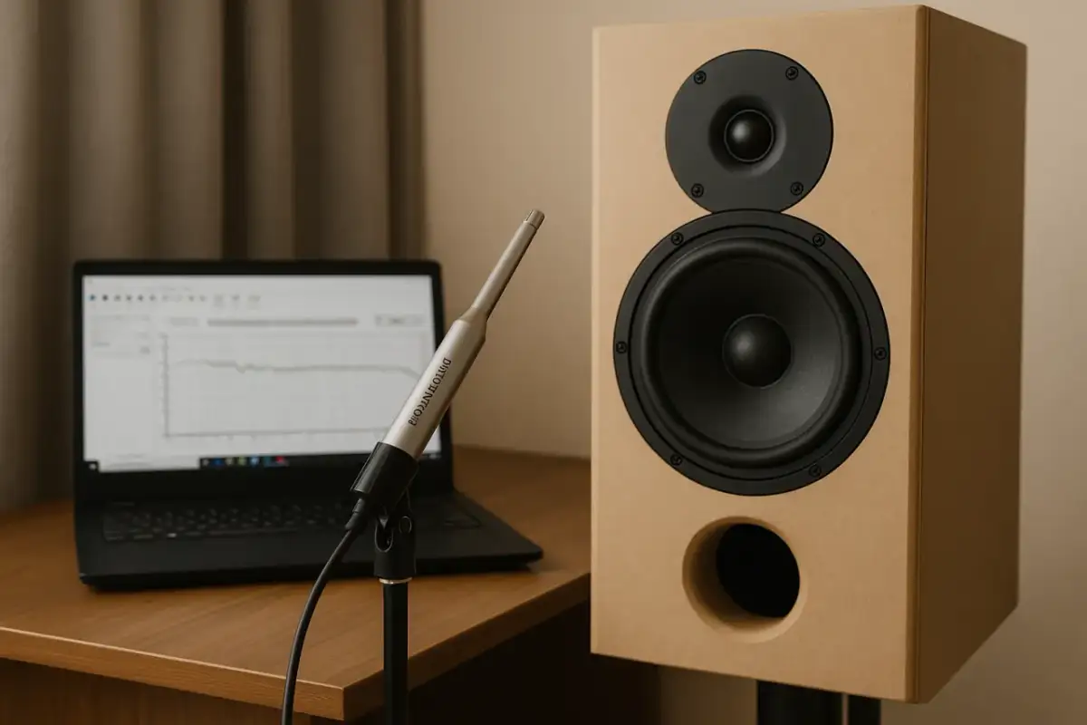 Mikrofon pomiarowy przed głośnikiem i laptopem z wykresem częstotliwości. To może być etap testowania, jak zbudować głośnik.