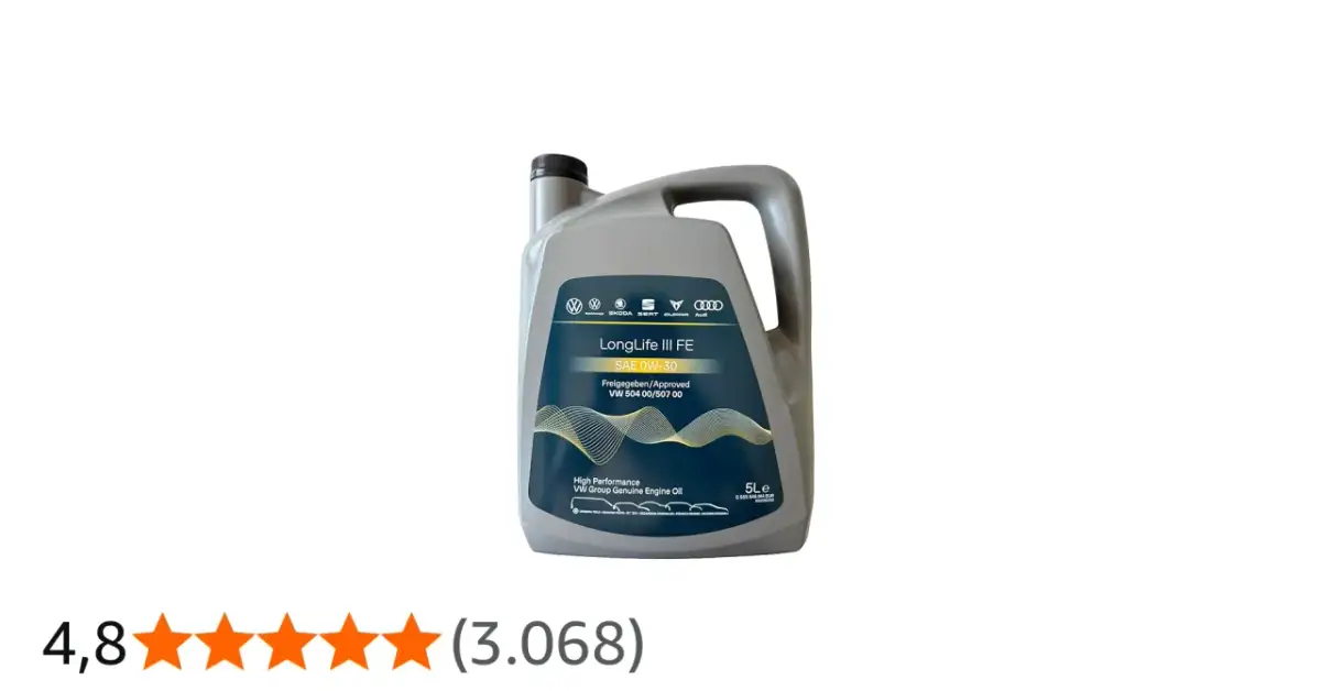 Graue Ölkanister mit VW-Konzernlogos und der Aufschrift "LongLife III FE SAE 0W-30".