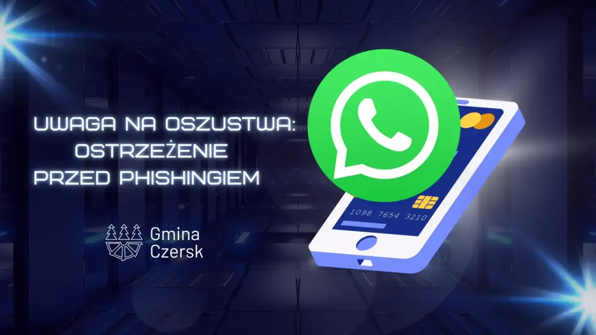 Uwaga na oszustwa! Ostrzeżenie przed phishingiem i loterie SMS oszustwo. Ikona WhatsApp i karta płatnicza na tle futurystycznej hali.