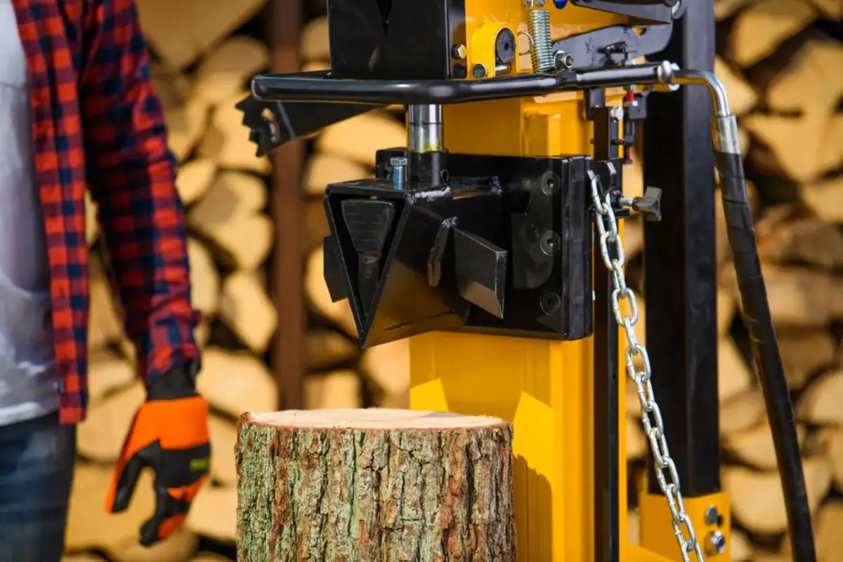 Żółta łuparka do drewna Cedrus gotowa do pracy. Obok pień drewna, w tle stos polan.