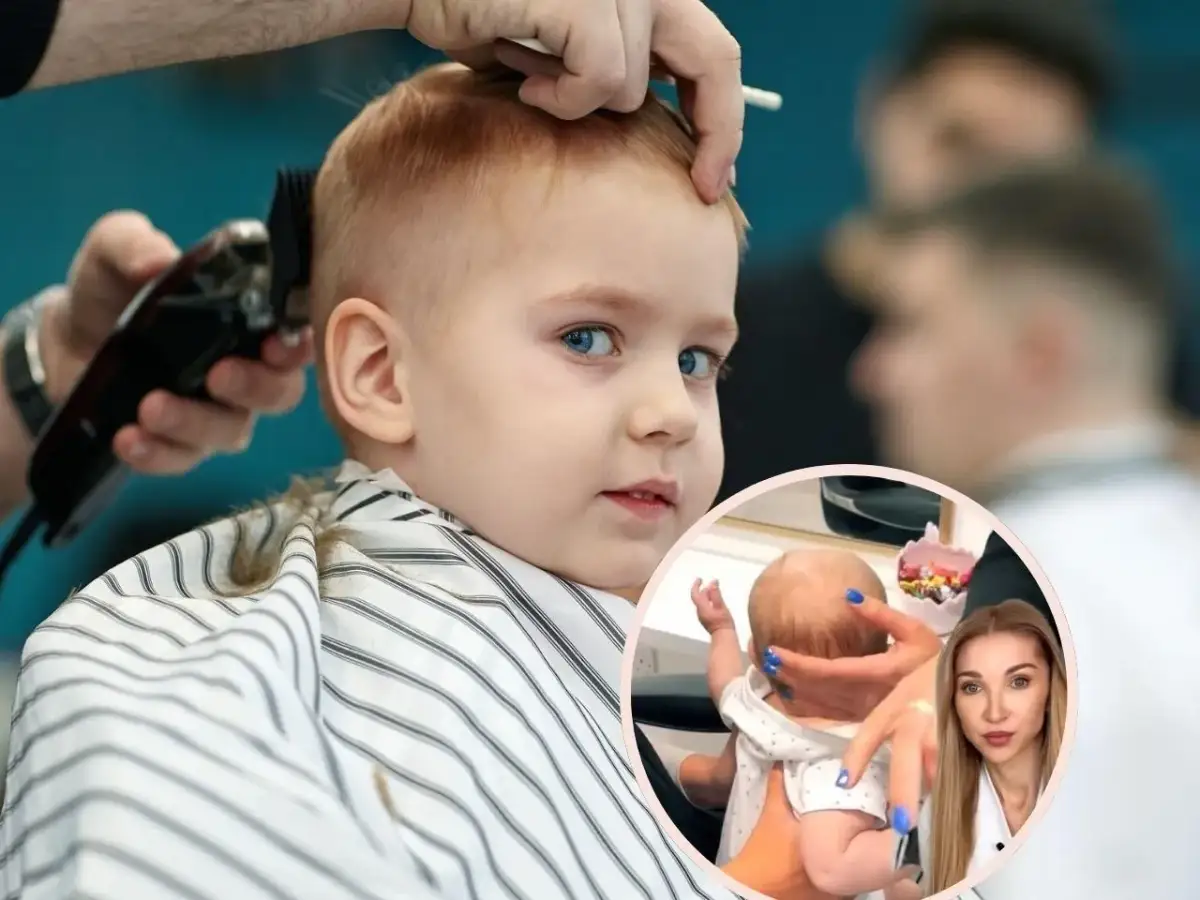 Chłopiec z niebieskimi oczami u fryzjera. Czy obcinanie włosów dziecku wzmacnia je? W tle widać kobietę z niemowlęciem.