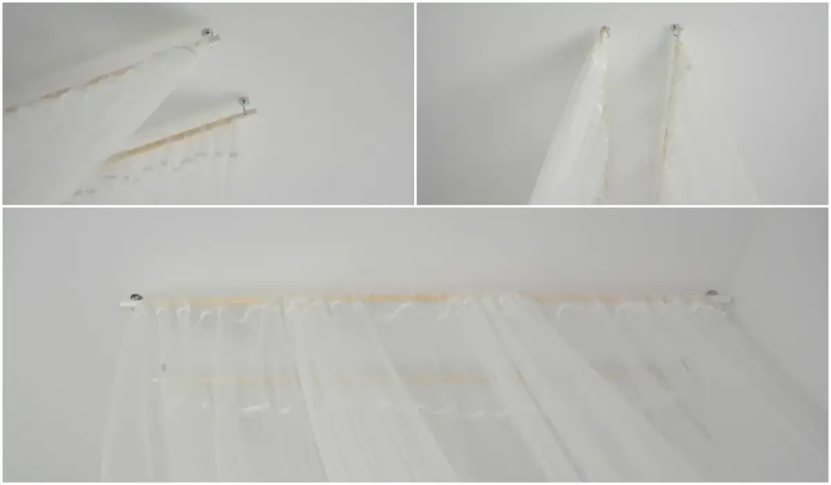 Prosty stelaż do baldachimu: biała tkanina zawieszona na drewnianej belce przy suficie.