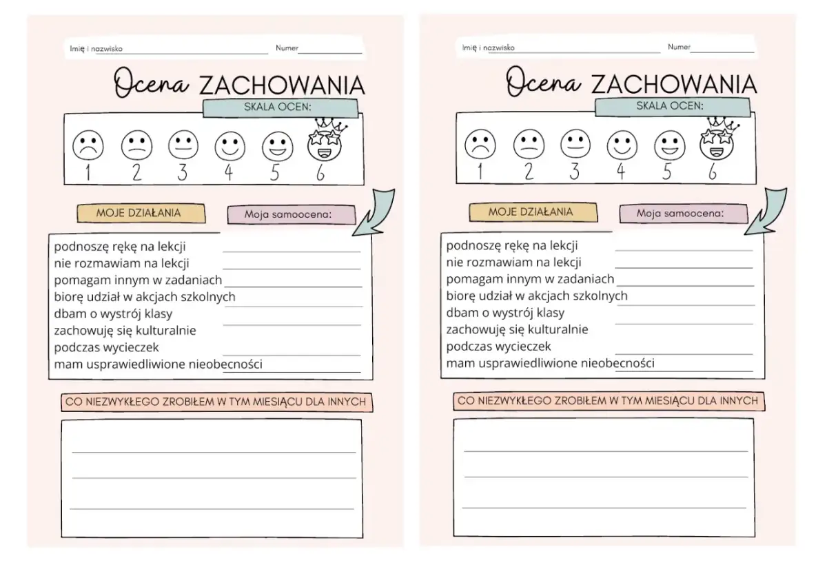 Formularz oceny zachowania, gdzie człowiek wobec presji otoczenia może ocenić swoje działania i samoocenę.