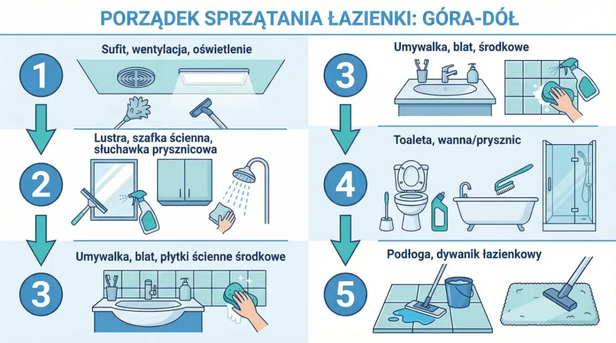 Instrukcja jak sprzątać łazienkę od góry do dołu: sufit, lustra, umywalka, toaleta, wanna, podłoga.