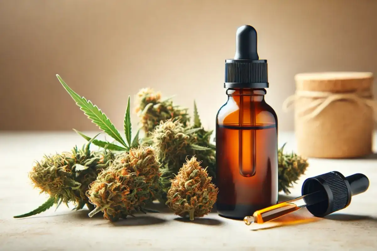 Butelka olejku CBD, pąki konopi i pipeta z kroplą olejku.