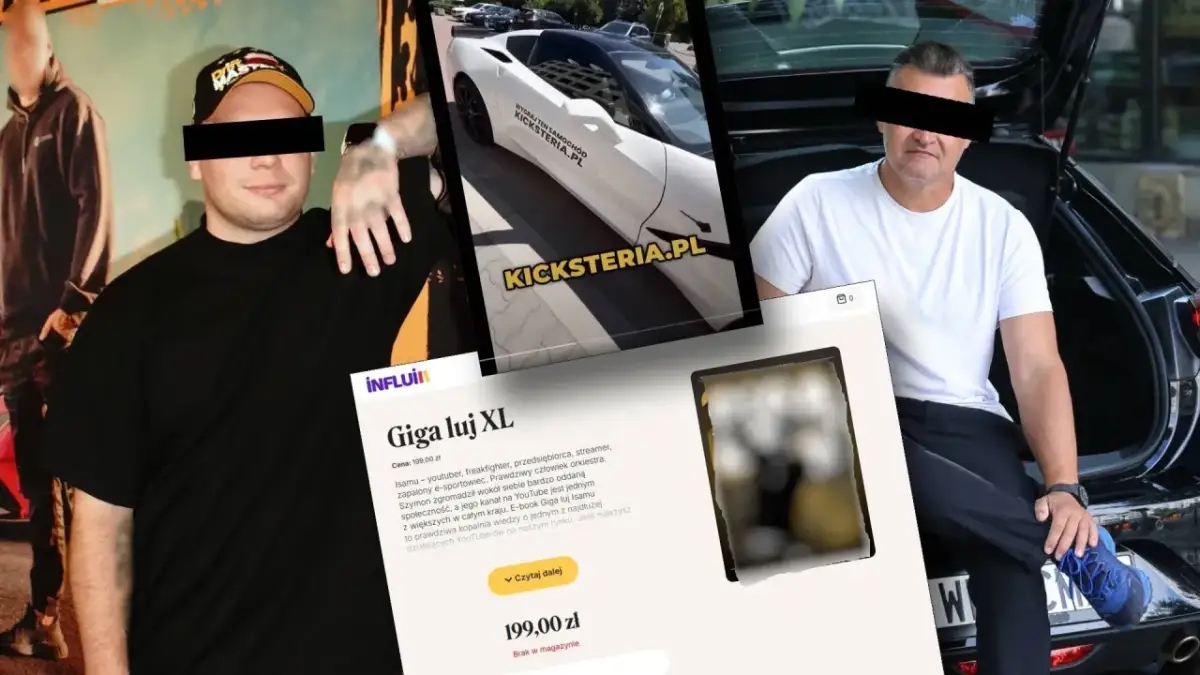 Koło fortuny jaki samochód? Na ekranie biały sportowy samochód z napisem Kicksteria.pl. Obok dwaj mężczyźni.