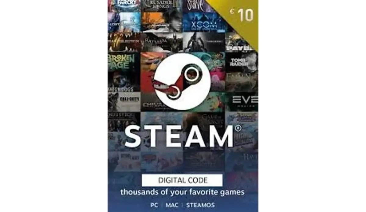 Karta podarunkowa Steam z logo i okładkami gier, o wartości 10 €.