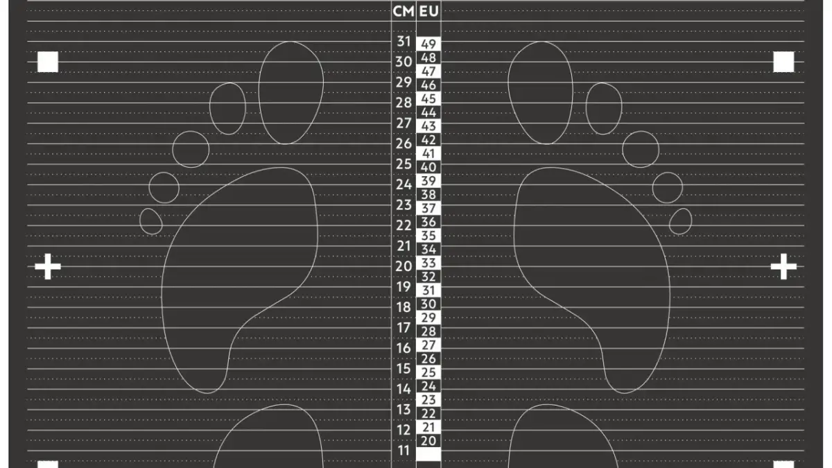 Tabela z obrysami stóp i numeracją ułatwiająca dobór rozmiarów butów dziecięcych.