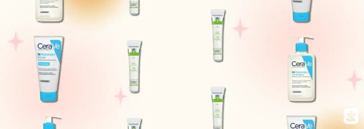 Kilka produktów do pielęgnacji skóry, w tym CeraVe i Pharmaceris, na jasnym tle z gwiazdkami.