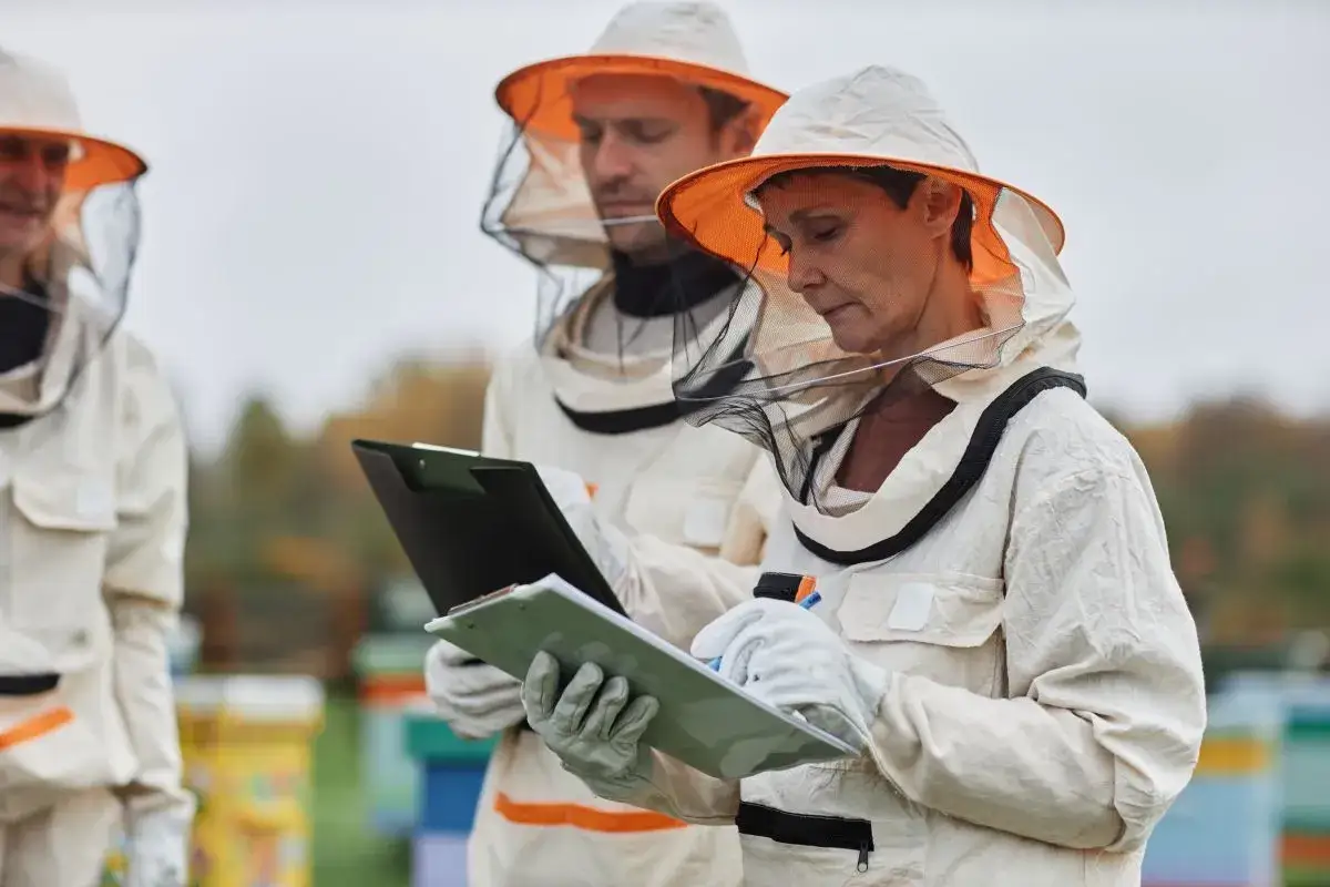 Trzy osoby w strojach pszczelarskich analizują dokumenty, planując jak założyć pasiekę dofinansowanie.