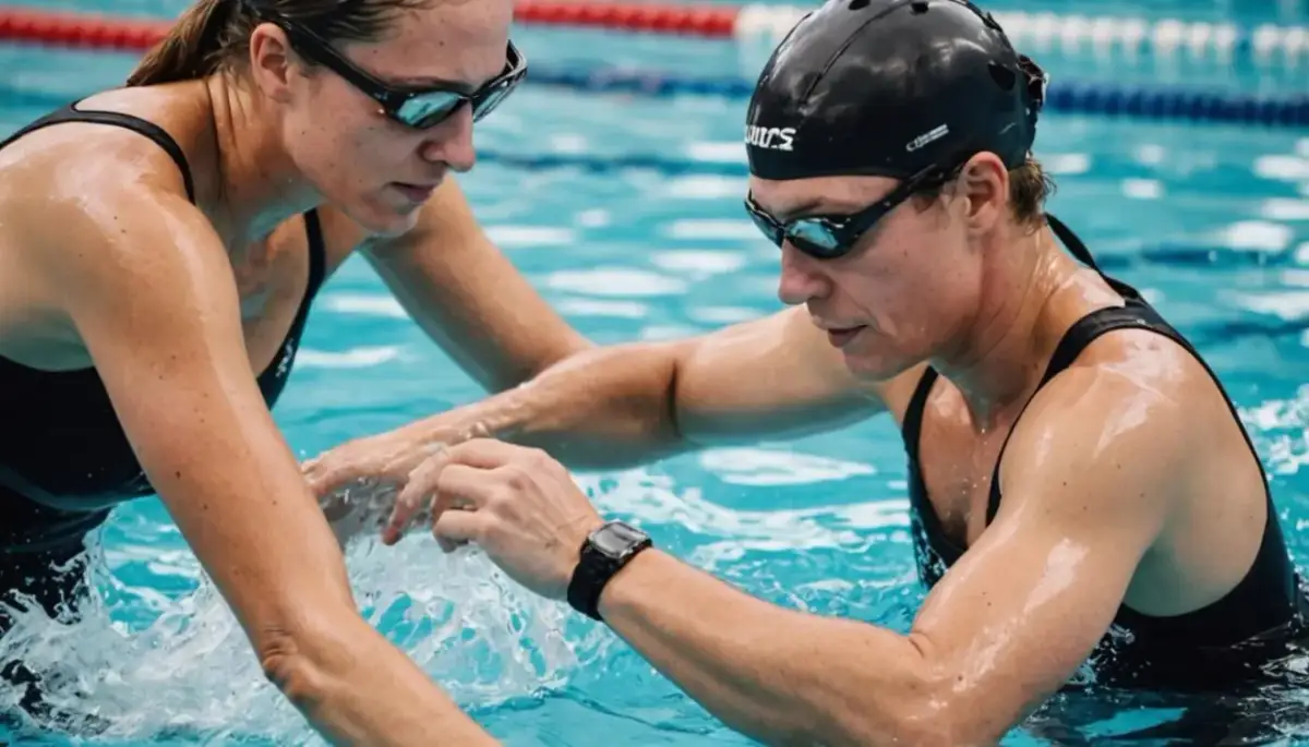 Trenerka pokazuje pływaczce, czy pływanie żabką odchudza. Woda rozpryskuje się wokół nich.