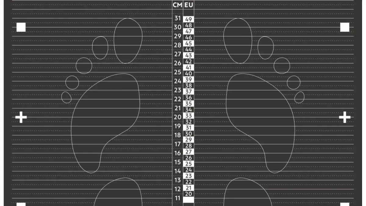 Tabela rozmiarów butów z obrysami stóp i podziałką w cm i EU.