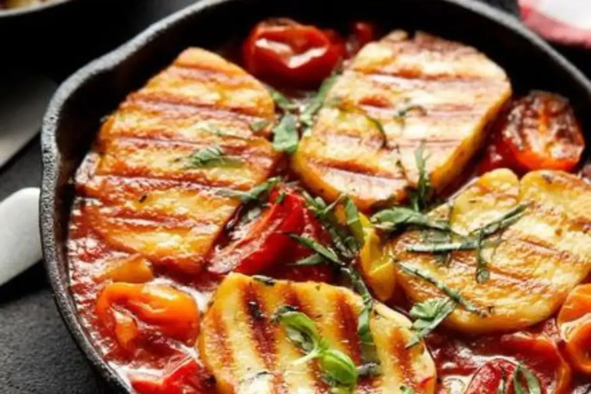 Smażony ser halloumi w sosie pomidorowym z ziołami. Idealny sposób, by dowiedzieć się, czy halloumi smażyć na oleju.