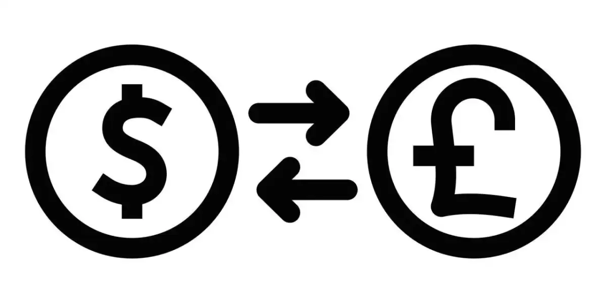 Symbol dolara i funta połączone strzałkami, ilustrujące wymianę walut, czyli co to są dewizy.