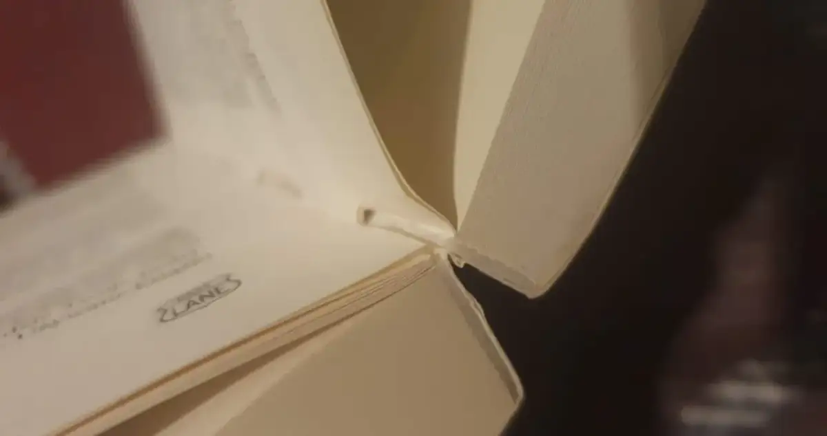 Zbliżenie na grzbiet otwartej książki, pokazujące miejsce, gdzie można zastosować klej, by jak skleić grzbiet książki.