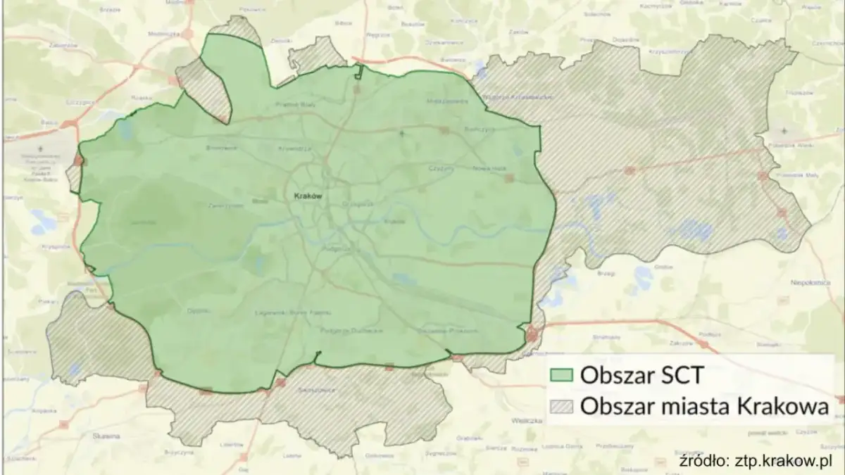 Mapa Krakowa z zaznaczonym obszarem SCT i obszarem miasta, pokazująca zasięg strefy czystego transportu, która ma na celu poprawę norm spalin w Krakowie.