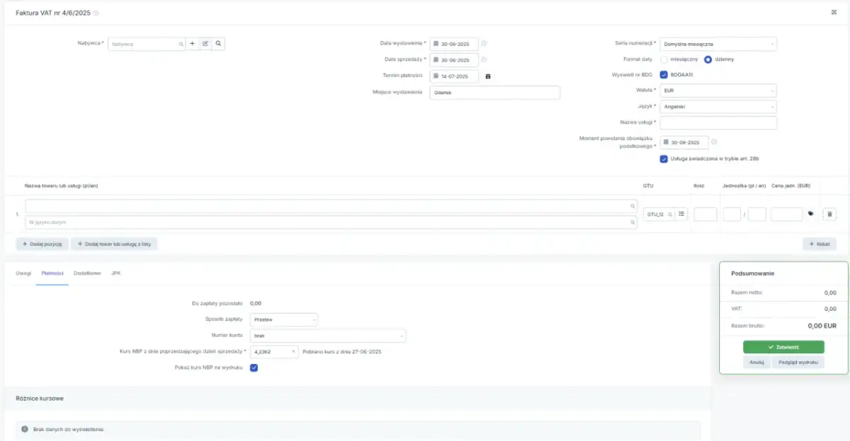 Formularz faktury VAT dla eksportu usług poza UE. Wpisano dane nabywcy, daty, walutę EUR i język angielski.