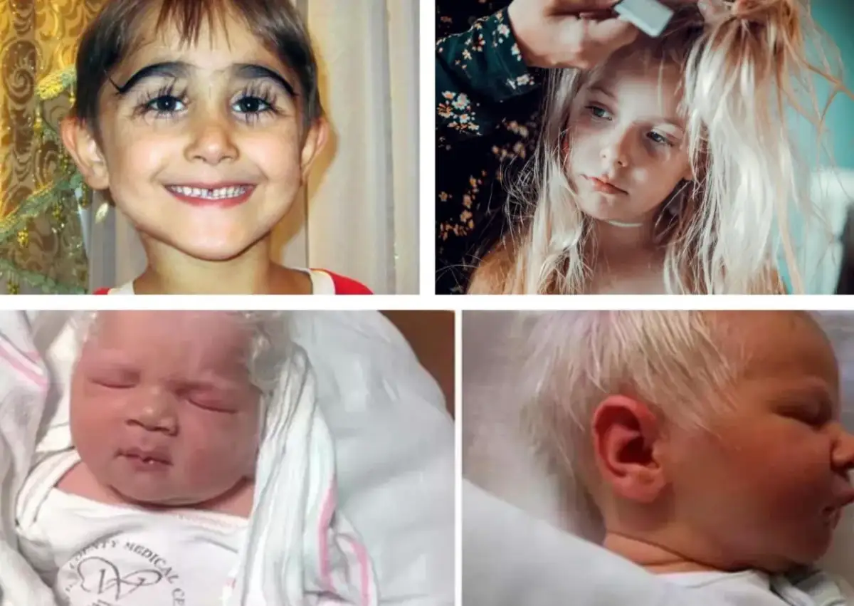 Dziecko z siwymi włosami, noworodek i dziewczynka z blond włosami.