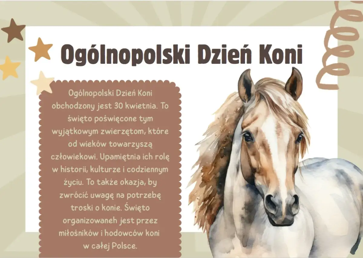 Obchodzimy Ogólnopolski Dzień Konia. Piękny koń na pierwszym planie, a obok tekst o tym wyjątkowym zwierzęciu.