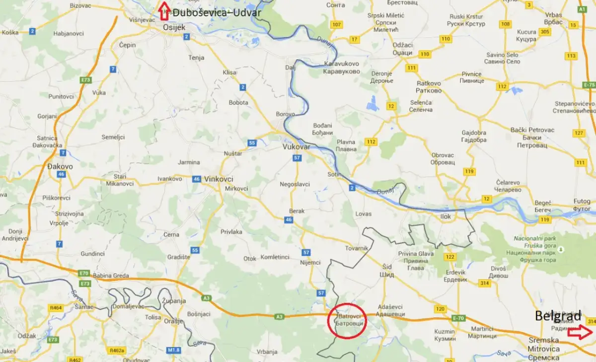 Mapa pokazuje drogi i miasta w Serbii, zaznaczając Batrovci. Czy Serbia jest bezpieczna? Mapa nie odpowiada, ale pokazuje infrastrukturę.