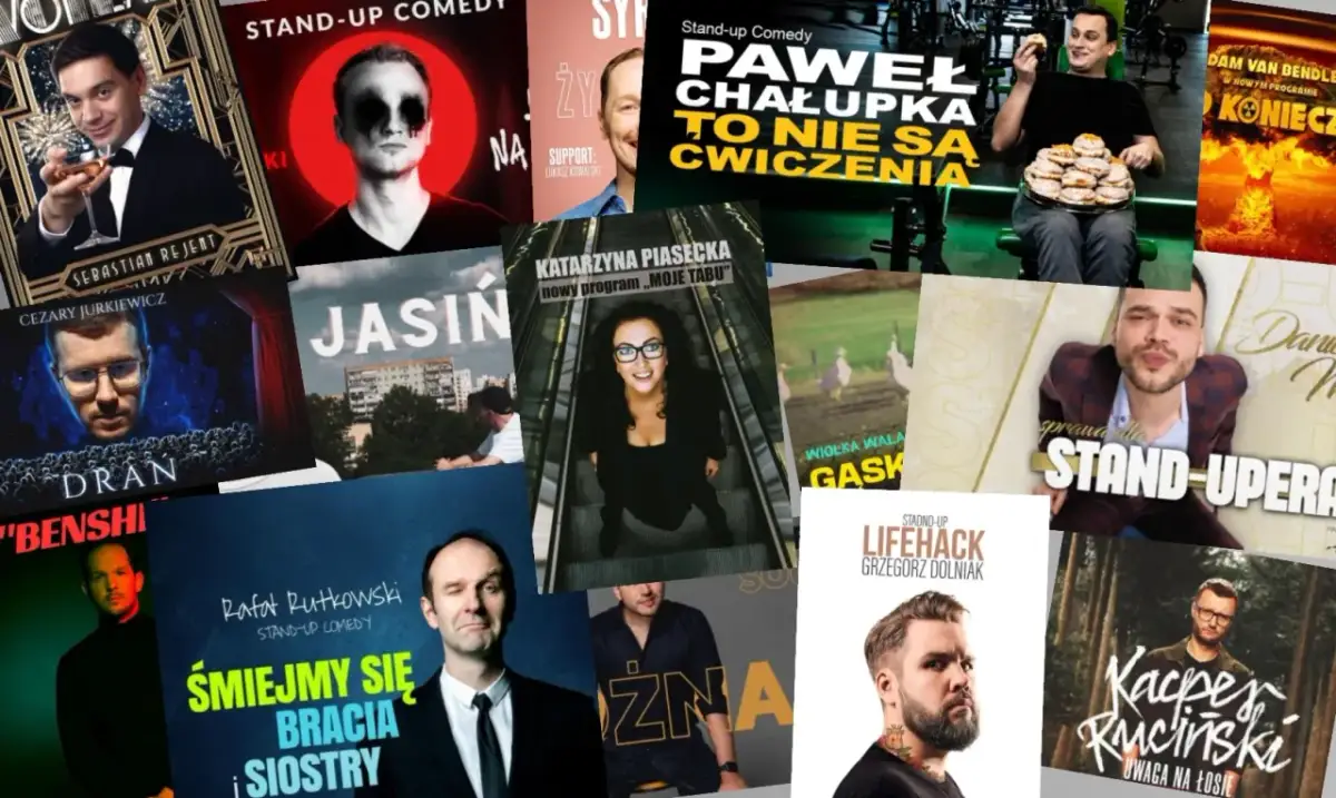 Sebastian Rejent w garniturze, trzymający kieliszek. Kolaż plakatów stand-up comedy.