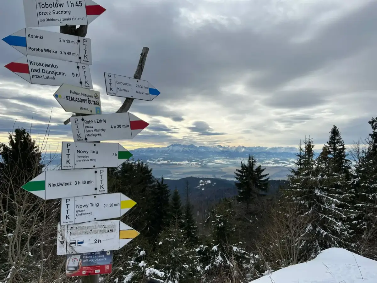 Wyprawa w góry wysokie jest możliwa dla wegetarianina. Widok na Tatry z tabliczek szlaków PTTK.