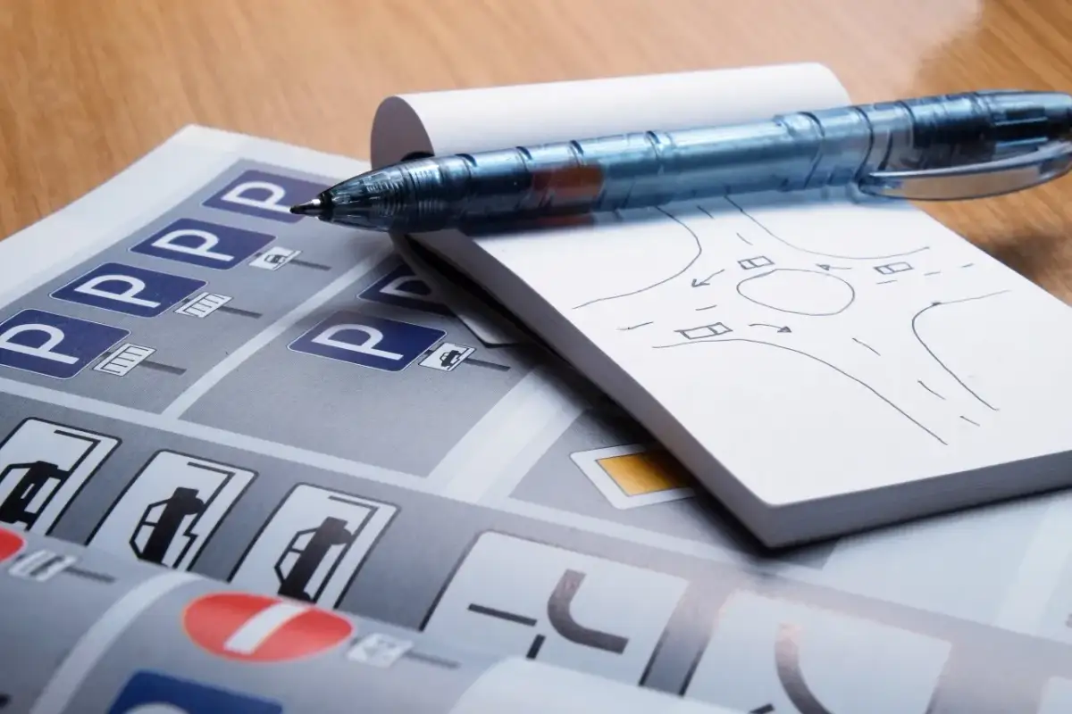 Notatnik z rysunkiem skrzyżowania, długopis i materiały do nauki prawa jazdy.