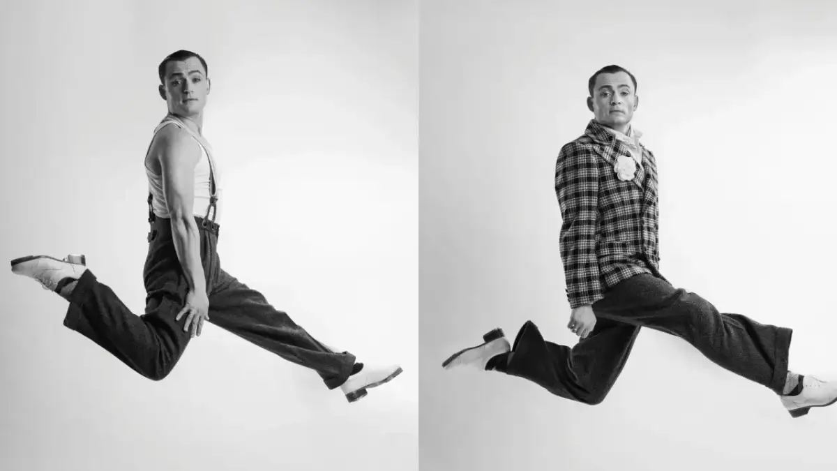 Dwóch Adolfów Dymsza w skokach, jak z jego najlepszych filmów. Jeden w podkoszulku i szelkach, drugi w kraciastym garniturze.