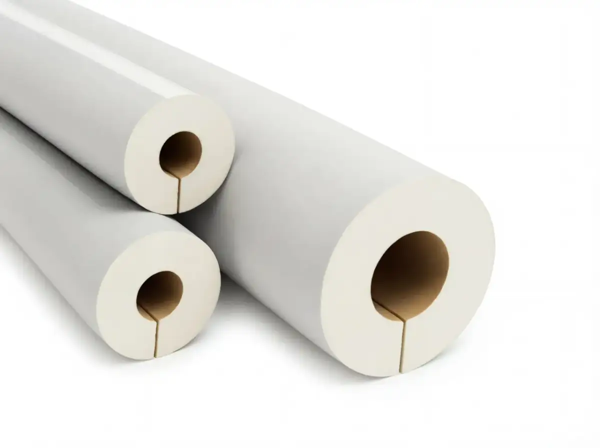 Trzy białe otuliny na rury z pianki poliuretanowej, gotowe do izolacji.