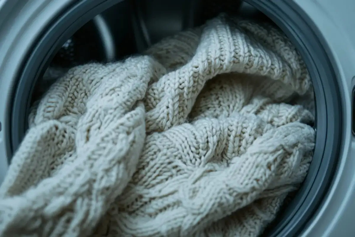 Beżowy, gruby, wełniany sweter warkoczowy w bębnie suszarki. Czy wełniany sweter można suszyć w suszarce? Lepiej nie ryzykować.