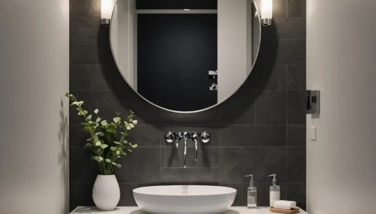 Okrągłe lustro nad białą umywalką, z kranem i wazonem z gałązkami.