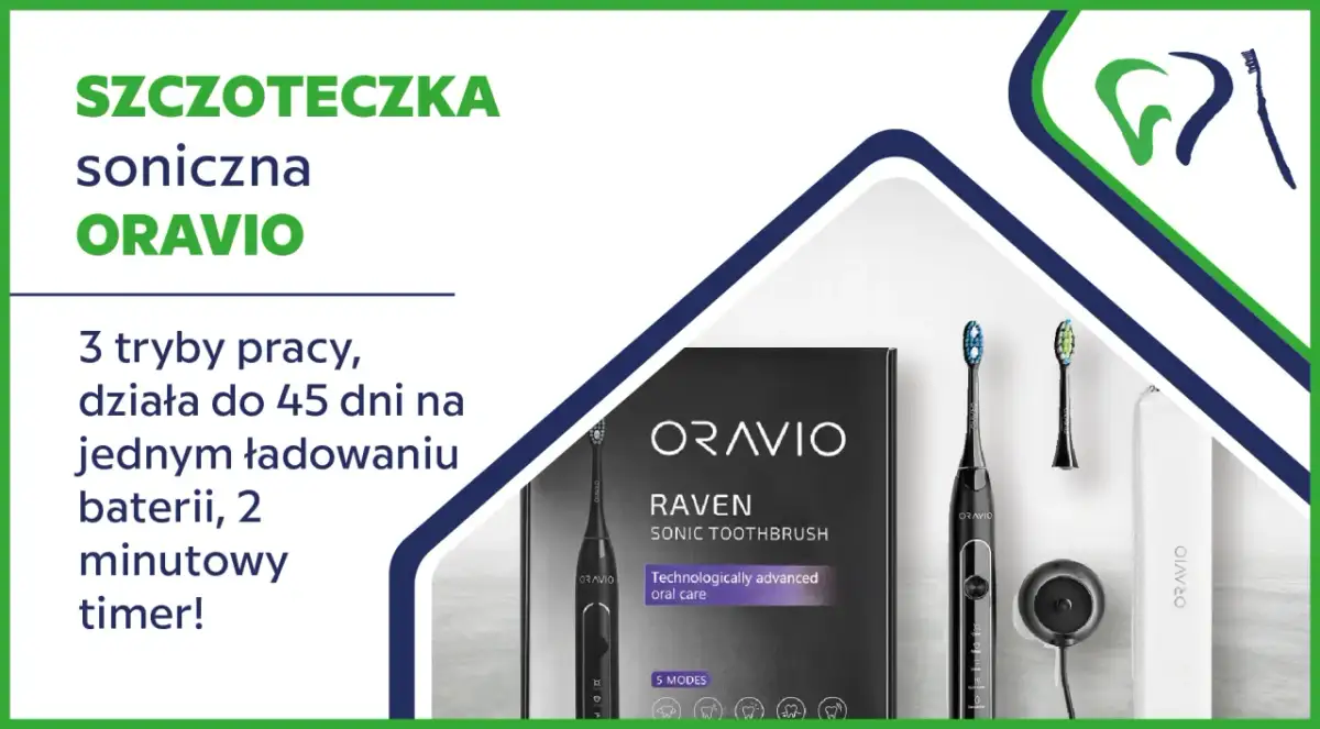 Szczoteczka soniczna ORAVIO z akcesoriami: opakowanie, ładowarka, szczoteczka i końcówki.