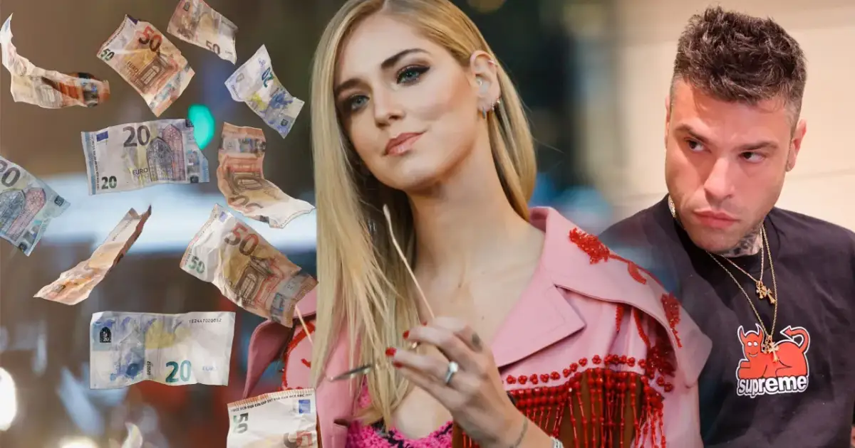 Chiara Ferragni i Fedez w otoczeniu lecących banknotów euro, symbolizujących największe skandale z udziałem zawodników podejrzanych o oszustwo.
