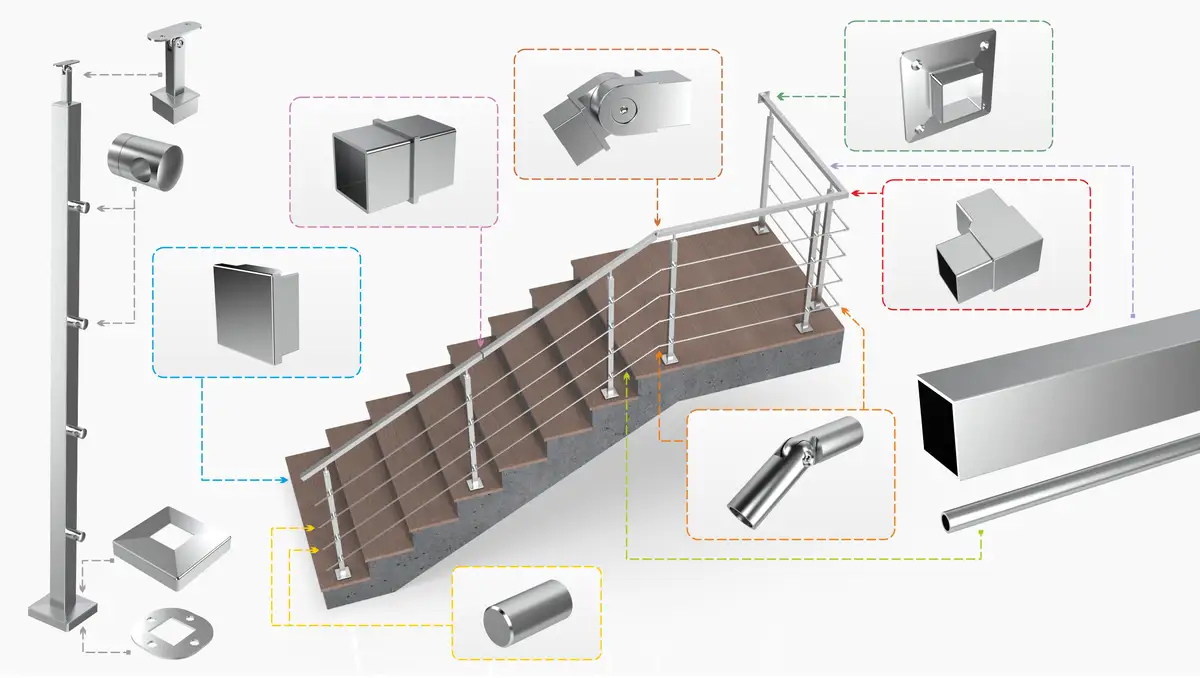 Ilustracja przedstawia schody z balustradą ze stali nierdzewnej oraz poszczególne elementy konstrukcyjne.