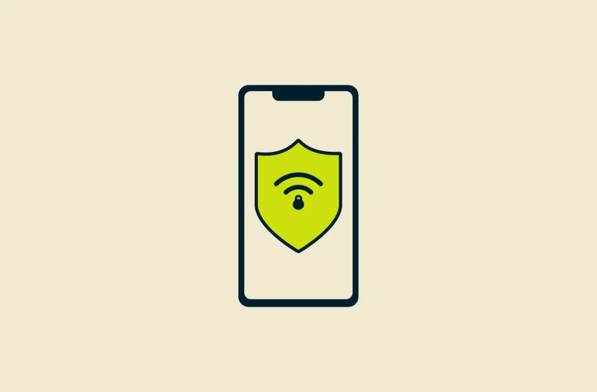 Ikona telefonu iPhone z zieloną tarczą symbolizującą bezpieczeństwo i sieć Wi-Fi.