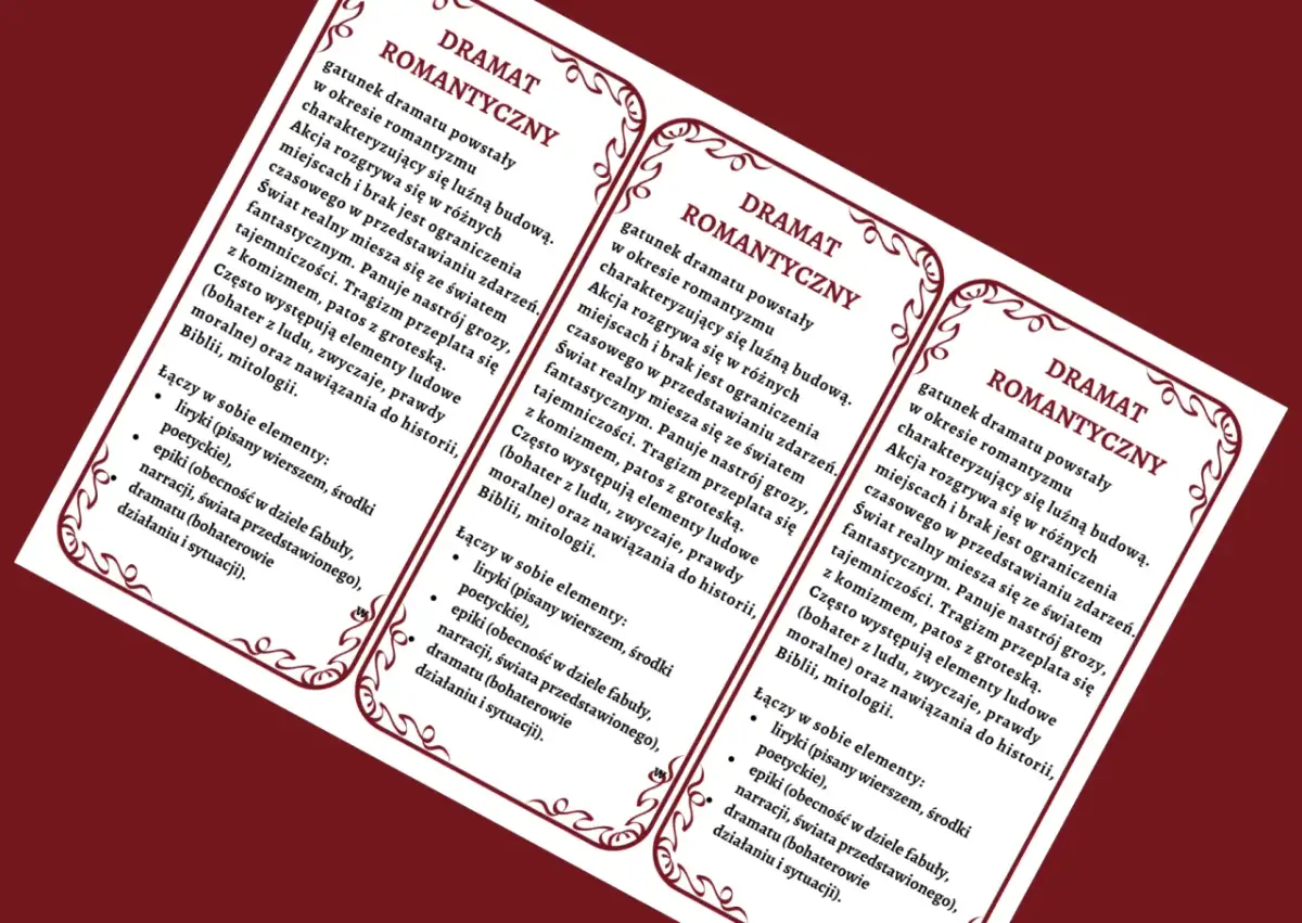 Trzy karty z tekstem o dramacie romantycznym, z ozdobnymi ramkami.