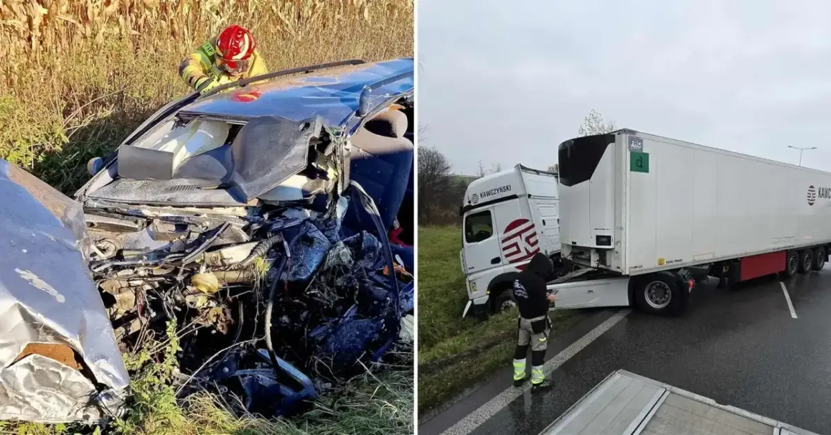 Wypadek na Pomorzu: strażak bada zniszczony samochód, obok ciężarówka z naczepą na poboczu.