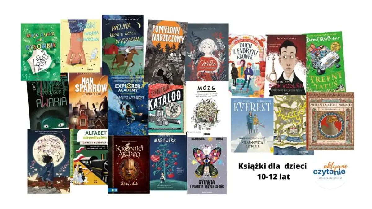 Kolaż okładek książek przygodowych dla dzieci w wieku 10-12 lat.