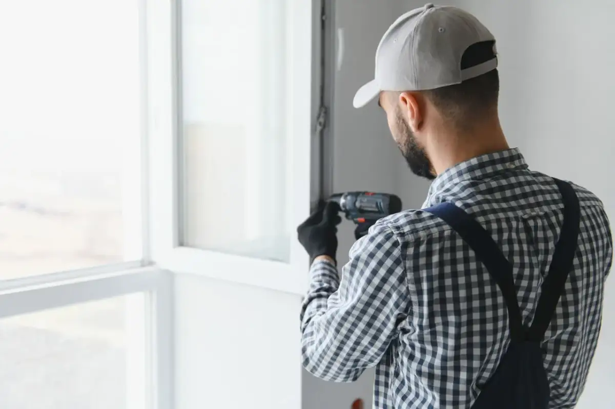 Fachowiec reguluje okno wiertarką. Dowiedz się, ile kosztuje wyregulowanie okna, aby zapewnić jego prawidłowe działanie.