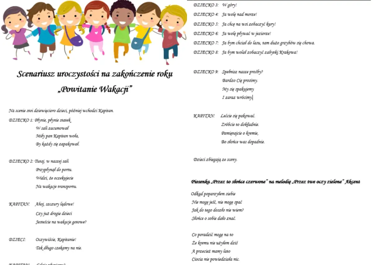Scenariusz uroczystości na zakończenie roku „Powitanie Wakacji” z piosenką.